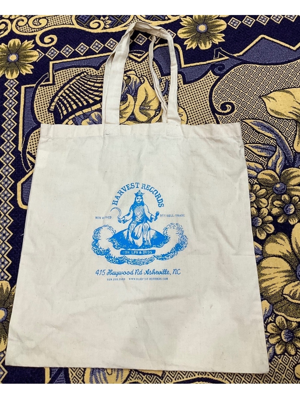 Harvest Records Cotton Tote Bag with Blue and Green Print